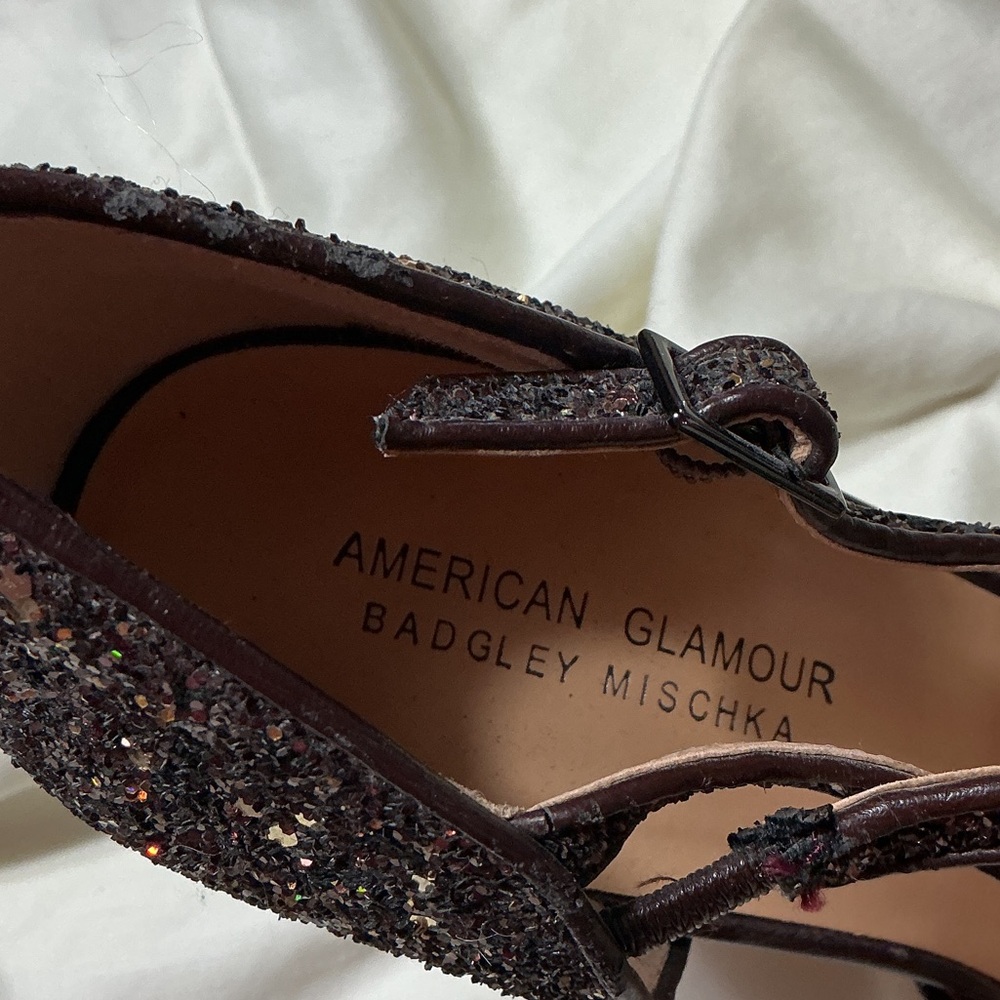 Badgley Mischka American Glamour Glitter Heels Size 9.5 Ankle Strap Evening Pump